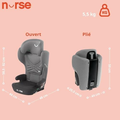 Nurse Spring Siège Auto de Voyage iSize Noir pour Enfants Pliables et Inclinables