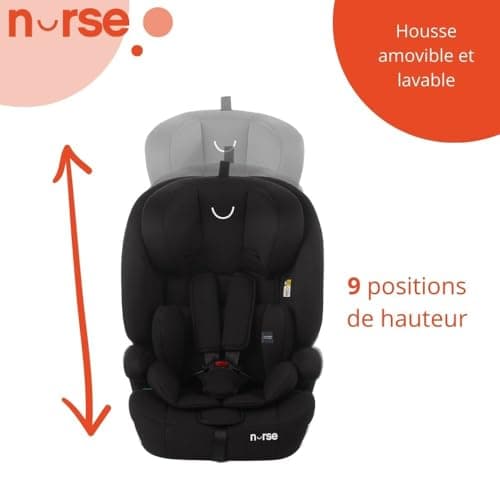 Nurses Grip Siège Auto iSize Noir pour Enfants de 2 à 12 Ans Mesurant Entre 76 et 150 cm, 9 Positions, Installation avec