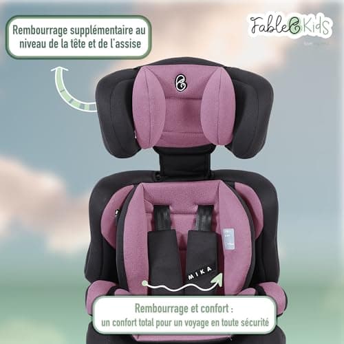 Siège auto FableKids pour enfants gris, ceinture de sécurité 3 points, adapté de 15 kg à 150 cm, ECE R129/03, réglable 4