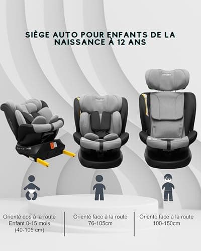 Siège auto bébé ISOFIX 0 à 36kg, pivotant 360°, i-Size, 9 positions d'appui-tête, 5 positions d'inclinaison, harnais à 5