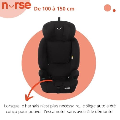 Nurses Grip Siège Auto iSize Noir pour Enfants de 2 à 12 Ans Mesurant Entre 76 et 150 cm, 9 Positions, Installation avec
