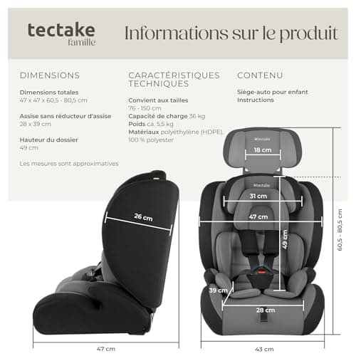 Tectake® Siège auto bébé enfant jusqu'à 36 kg, Sécurité enfant, ECE R129/03