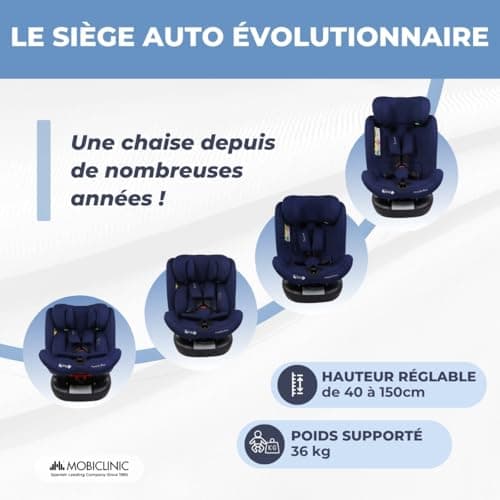 Mobiclinic® Siège Auto Pivotant 360º Regulation i-size Top Tether, Groupe 0/1/2/3 Evolutif 0-12 ans Harnais 5 points Inc