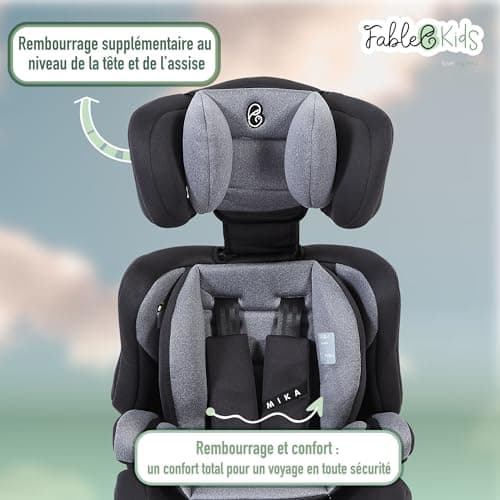 Siège auto FableKids pour enfants gris, ceinture de sécurité 3 points, 76-150 cm, appui-tête réglable, ECE R129/03, 44,5