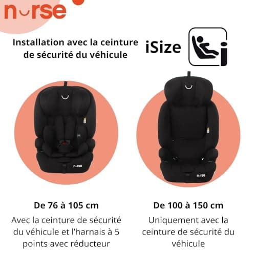 Nurses Grip Siège Auto iSize Noir pour Enfants de 2 à 12 Ans Mesurant Entre 76 et 150 cm, 9 Positions, Installation avec