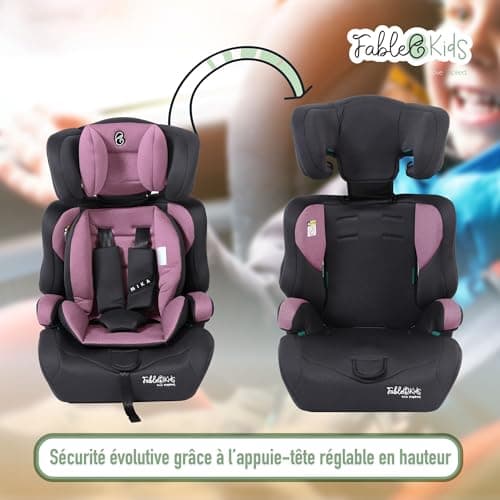 Siège auto FableKids pour enfants gris, ceinture de sécurité 3 points, adapté de 15 kg à 150 cm, ECE R129/03, réglable 4
