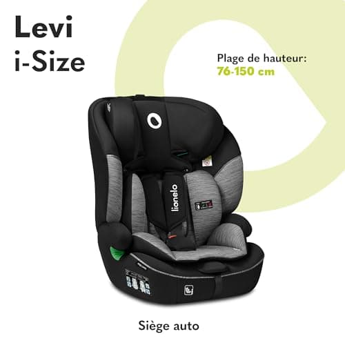LIONELO Levi One Siege Auto Gris-Noir 3-En-1 Protection Latérale Protection Tête Ceinture 5 Points Appui-Tête Réglable D