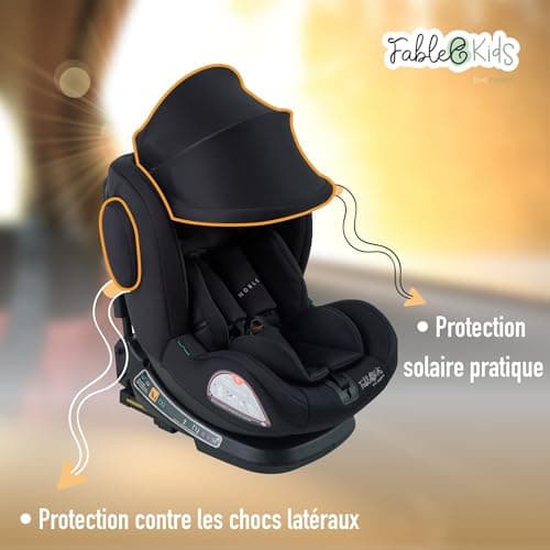 Siège auto FableKids pour enfants ECE R129/03 - Noir | Isofix 360° | Ceinture de sécurité 5 points | Appuie-tête régulie