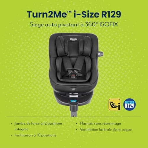Siège-auto Graco Turn2Me i-Size R129 noir pour enfant de la naissance à 4 ans, rotatif 360° et position allongée, harnai
