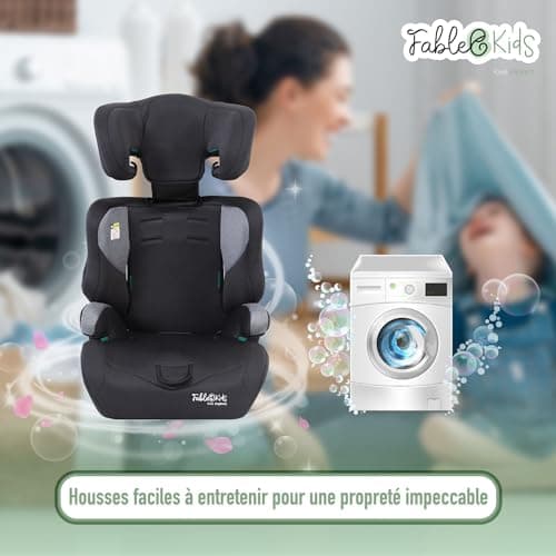 Siège auto FableKids pour enfants gris, ceinture de sécurité 3 points, 76-150 cm, appui-tête réglable, ECE R129/03, 44,5