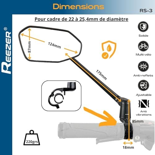 REEZER - Rétroviseur vélo électrique - Idéal cadeau - Haut de gamme pour guidon 22 à 25,4 mm - RS03 - Réglable 360° GAUC