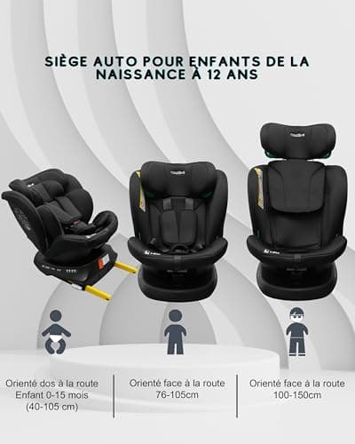 Séant auto bébé 0 à 36kg Isofix - Pivotant 360° - Tailles 90-150cm i-Size - 9 positions d'appui-tête - 5 positions d'inc