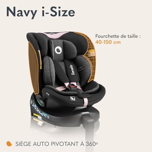 LIONELO NAVY i-Size 360o Siège auto pivotant pour enfants de 40 à 150 cm, sécurité maximale ISOFIX avant et arrière, fon