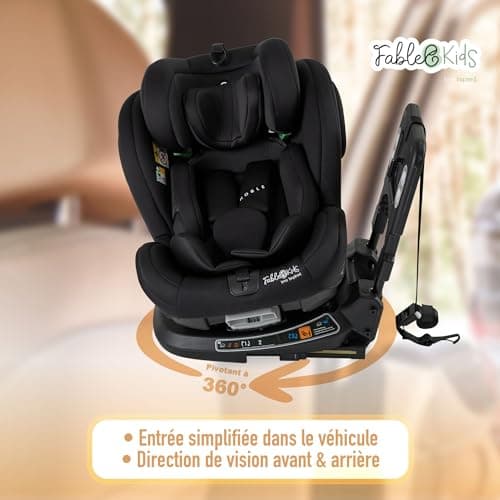 Siège auto FableKids pour enfants ECE R129/03 - Noir | Isofix 360° | Ceinture de sécurité 5 points | Appuie-tête régulie