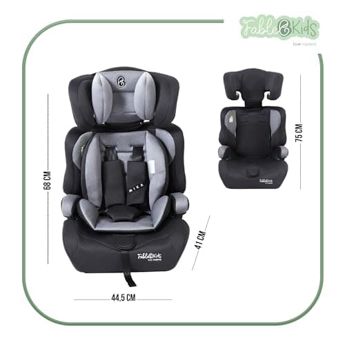 Siège auto FableKids pour enfants gris, ceinture de sécurité 3 points, 76-150 cm, appui-tête réglable, ECE R129/03, 44,5