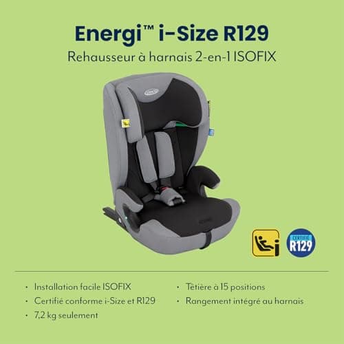 Graco Energi i-Size R129 - Rehausseur gris/noir pour enfants 76-150 cm, 15 mois - 12 ans, face à la route, ISOFIX et att