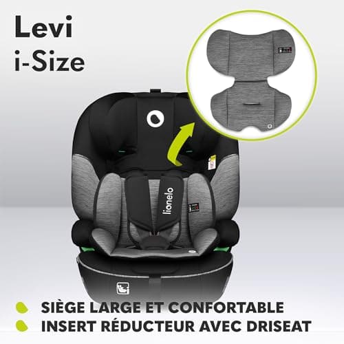 LIONELO Levi One Siege Auto Gris-Noir 3-En-1 Protection Latérale Protection Tête Ceinture 5 Points Appui-Tête Réglable D