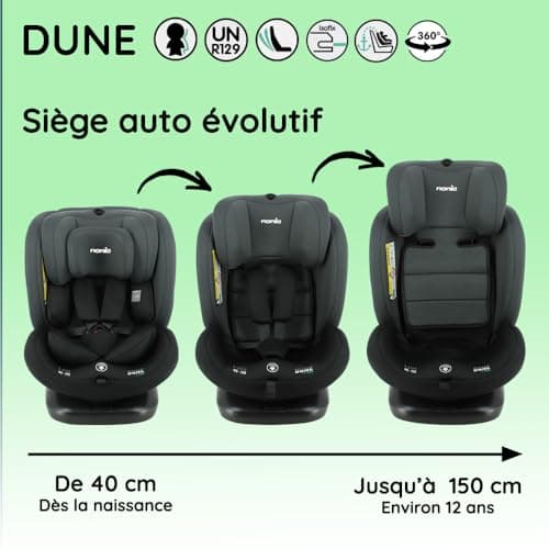 Nania - Siège Auto DUNE Pivotant 360° I-Size 40-150 cm | Evolutif dès la naissance jusqu'à 12 ans environ | Protctions l
