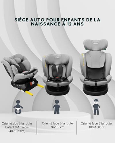 Siège auto bébé ISOFIX 0-36kg | Pivotant 360° | i-Size | 9 Positions d'appui-tête | 5 Positions d'inclinaison | Harnais