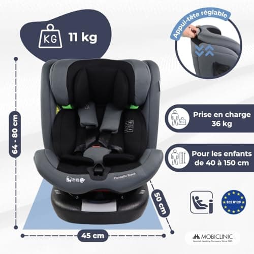 Mobiclinic® Siège Auto Pivotant 360° Regulation i-size Pandafix Noir 0-12 ans Max 36 kg Harnais 5 Points Réglable Inclin