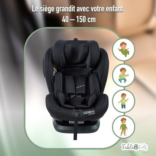 Siège auto FableKids pour enfants ECE R129/03 - Noir | Isofix 360° | Ceinture de sécurité 5 points | Appuie-tête régulie
