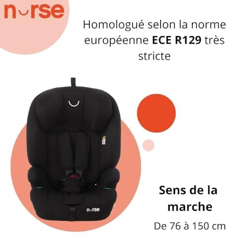 Nurses Grip Siège Auto iSize Noir pour Enfants de 2 à 12 Ans Mesurant Entre 76 et 150 cm, 9 Positions, Installation avec