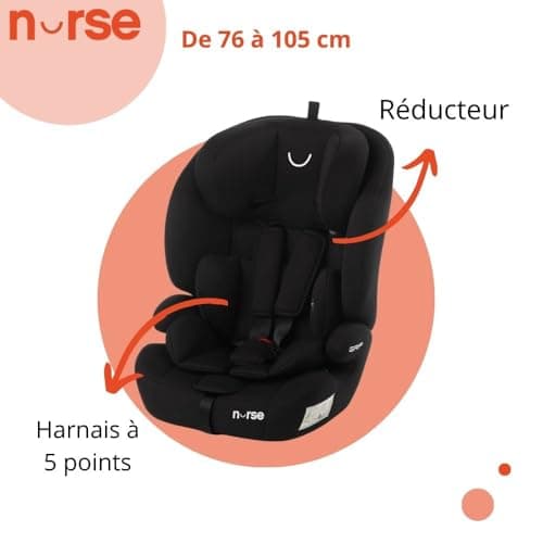 Nurses Grip Siège Auto iSize Noir pour Enfants de 2 à 12 Ans Mesurant Entre 76 et 150 cm, 9 Positions, Installation avec