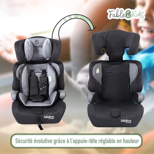 Siège auto FableKids pour enfants gris, ceinture de sécurité 3 points, 76-150 cm, appui-tête réglable, ECE R129/03, 44,5