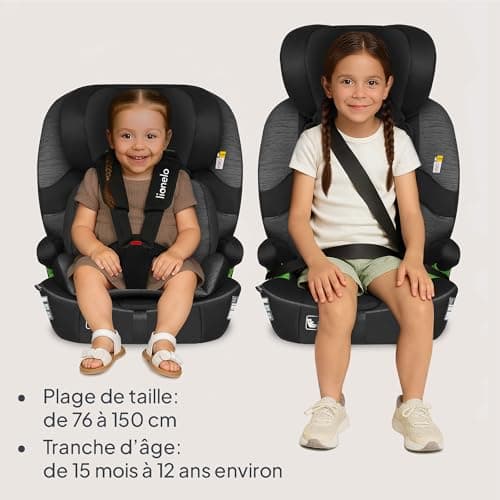 LIONELO LO-BILLY I-SIZE Siège auto bébé gris pour enfant de 15 mois à 12 ans, installation ISOFIX et ceinture de voiture