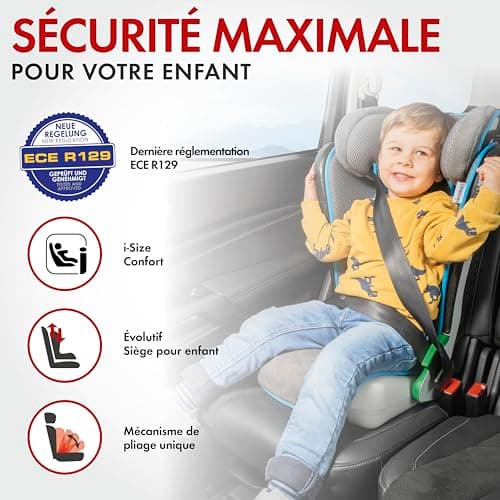 WALSER Premium Siège auto Noemi Anthracite/bleu ECE R129 sans i-Size pour enfants 3-8 ans grande taille adapté aux voitu