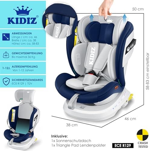 KIDIZ® Siège auto ISOFIX Top Tether pour enfant | Siège auto pour bébé pivotant 360° | Groupe 0/1/2/3, dès la naissance,