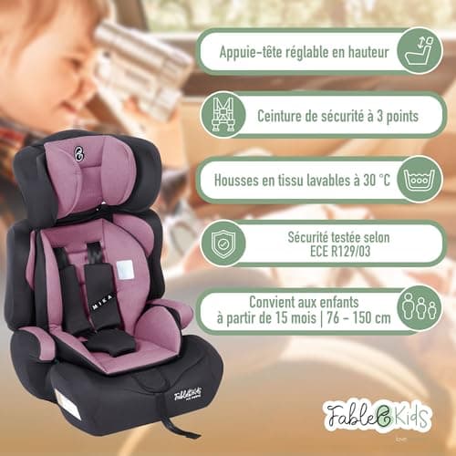 Siège auto FableKids pour enfants gris, ceinture de sécurité 3 points, adapté de 15 kg à 150 cm, ECE R129/03, réglable 4