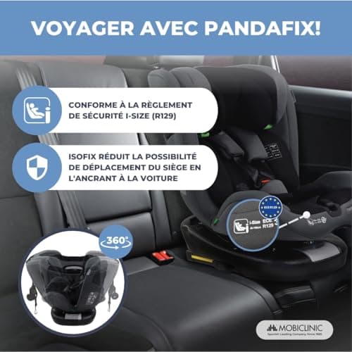 Mobiclinic® Siège Auto Pivotant 360° Regulation i-size Pandafix Noir 0-12 ans Max 36 kg Harnais 5 Points Réglable Inclin