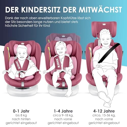 KIDIZ® Siège auto pour enfant Isofix Top Tether | Siège auto pour bébé pivotant à 360° | Avec pare-soleil (Rose)