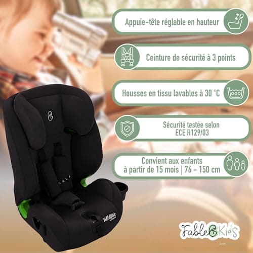 Siège auto FableKids pour enfants Isofix 9-36 kg | Siège auto groupe 1/2/3 | Ceinture de sécurité 3 points Noir | Appuie