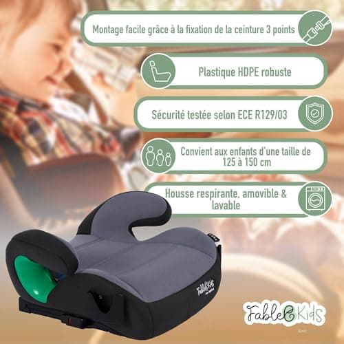 Siège auto FableKids pour enfant | Isofix ECE R129/03 | Rehausseur 3 points et porte-gobelet | Pour enfants de 125-150 c