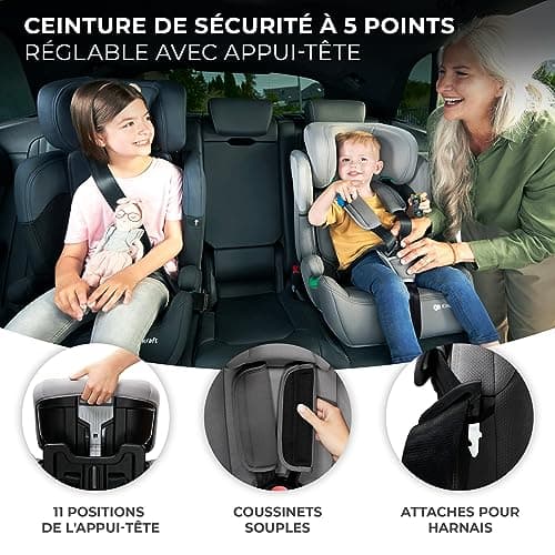 Kinderkraft COMFORT UP i-Size Noir pour bébés de 15 mois à 12 ans, 11 niveaux de réglage et harnais 5 points
