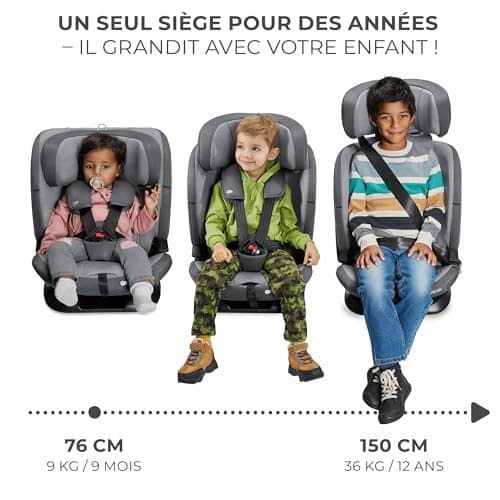 Kinderkraft ONETO3 I-Size Noir, Siège auto bébé Groupe 1/2/3 76-150 cm, Installation ISOFIX facile pour 15 mois à 12 ans