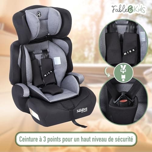 Siège auto FableKids pour enfants gris, ceinture de sécurité 3 points, 76-150 cm, appui-tête réglable, ECE R129/03, 44,5