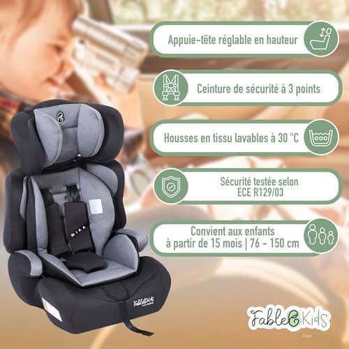Siège auto FableKids pour enfants gris, ceinture de sécurité 3 points, 76-150 cm, appui-tête réglable, ECE R129/03, 44,5