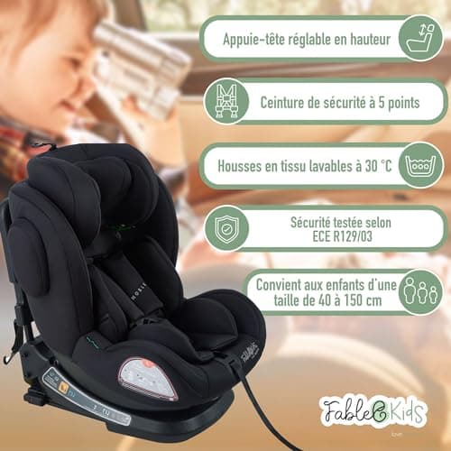 Siège auto FableKids pour enfants ECE R129/03 - Noir | Isofix 360° | Ceinture de sécurité 5 points | Appuie-tête régulie