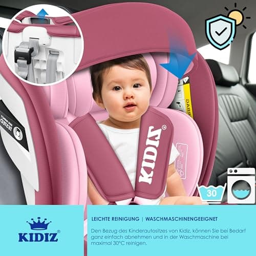 KIDIZ® Siège auto pour enfant Isofix Top Tether | Siège auto pour bébé pivotant à 360° | Avec pare-soleil (Rose)