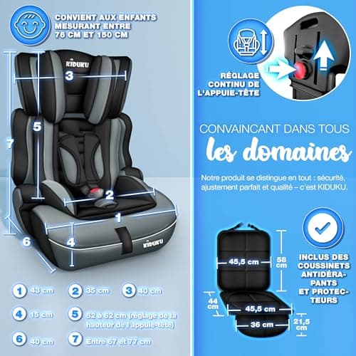 KIDUKU® Siège auto pour enfants Noir/Gris - Protection évolutive de 9 kg à 36 kg (1-12 ans) | Norme ECE R129/03 |isiert