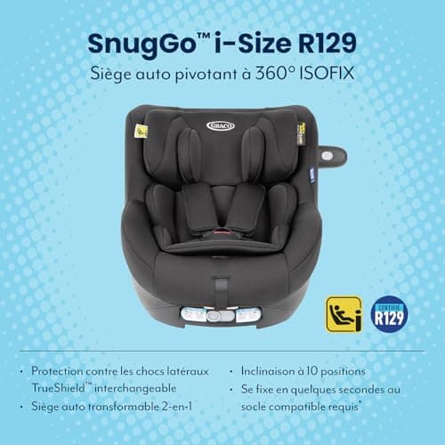 Graco SnugGo i-Size R129 noir, siège auto rotatif 360° ISOFIX, pour enfants de la naissance à 4 ans, harnais 5 points et