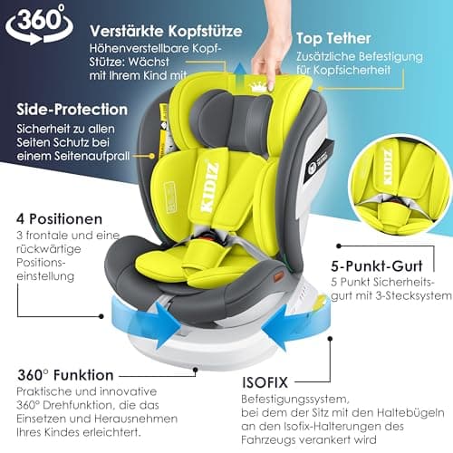 KIDIZ® Siège auto pour enfant Isofix Top Tether | Siège auto pour bébé pivotant 360° | Groupe 0/1/2/3, dès la naissance,