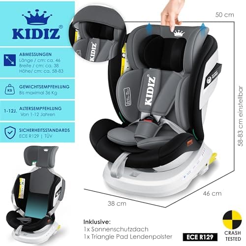 KIDIZ® Siège auto Isofix Top Tether pour enfant | Siège auto pivotant 360° pour bébé | Siège auto groupe 0/1/2/3 dès la