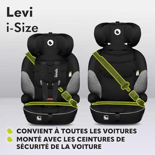 LIONELO Levi One Siege Auto Gris-Noir 3-En-1 Protection Latérale Protection Tête Ceinture 5 Points Appui-Tête Réglable D