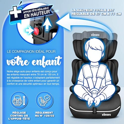 KIDUKU® Siège Auto pour Enfants Noir - Protection Évolutive de 9 kg à 36 kg (Groupe 1+2+3)