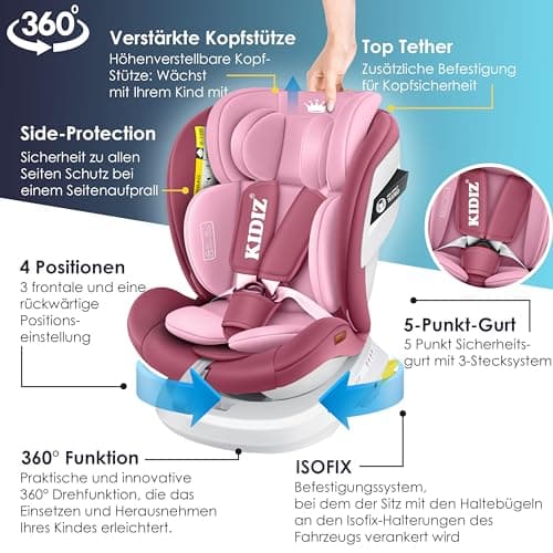 KIDIZ® Siège auto pour enfant Isofix Top Tether | Siège auto pour bébé pivotant à 360° | Avec pare-soleil (Rose)