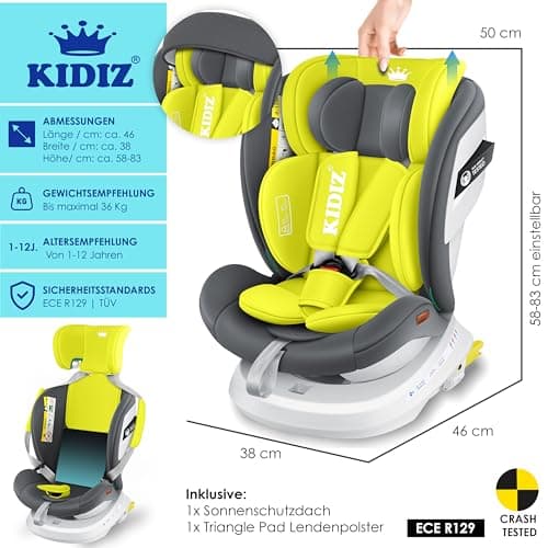 KIDIZ® Siège auto pour enfant Isofix Top Tether | Siège auto pour bébé pivotant 360° | Groupe 0/1/2/3, dès la naissance,
